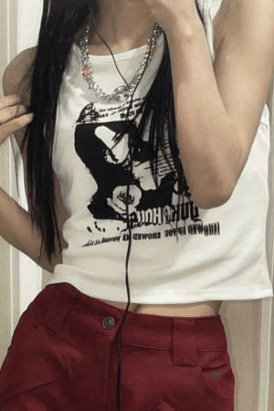 Style Core Aesthetics, New Style Trends - Gothic Punk Printed Rib Crop Tank Top