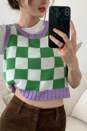 Style Core Aesthetics, New Style Trends - Green & Lavender Checkered Vest