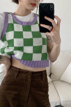 Style Core Aesthetics, New Style Trends - Green & Lavender Checkered Vest