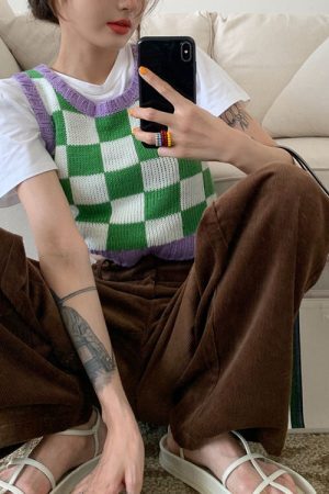 Style Core Aesthetics, New Style Trends - Green & Lavender Checkered Vest