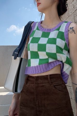 Style Core Aesthetics, New Style Trends - Green & Lavender Checkered Vest