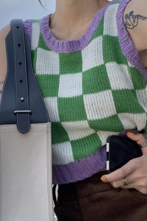 Style Core Aesthetics, New Style Trends - Green & Lavender Checkered Vest