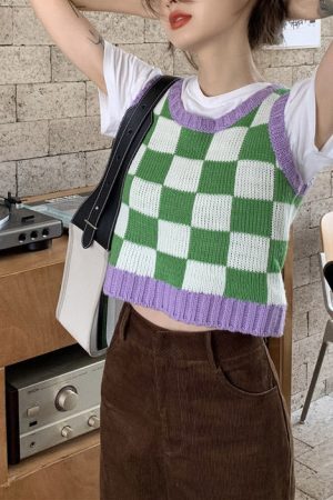 Style Core Aesthetics, New Style Trends - Green & Lavender Checkered Vest