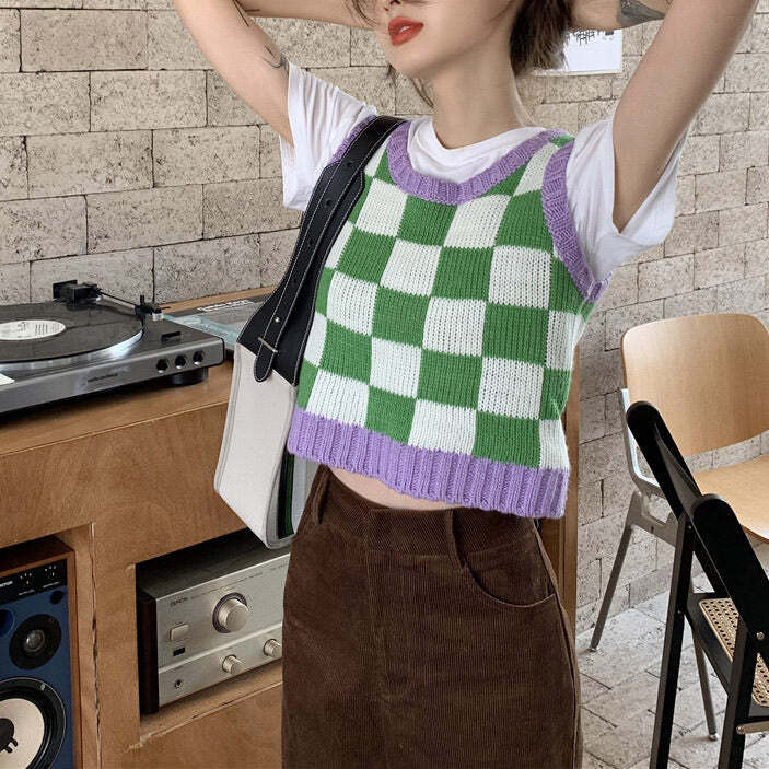 Style Core Aesthetics, New Style Trends - Green & Lavender Checkered Vest