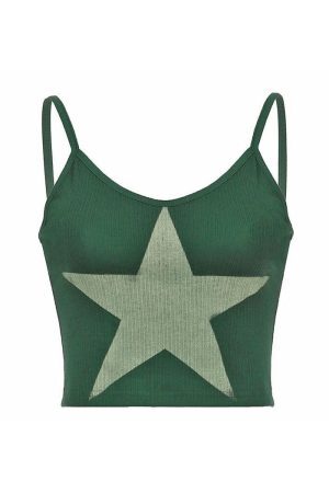 Style Core Aesthetics, New Style Trends - Green Star Ribbed Tank Top