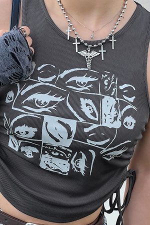 Style Core Aesthetics, New Style Trends - Grunge Aesthetic Eyes Print Top