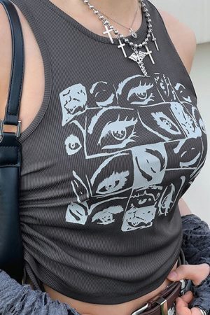 Style Core Aesthetics, New Style Trends - Grunge Aesthetic Eyes Print Top
