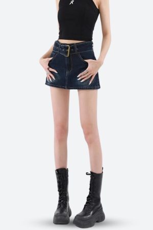Style Core Aesthetics, New Style Trends - Grunge Belted Denim Mini Skirt