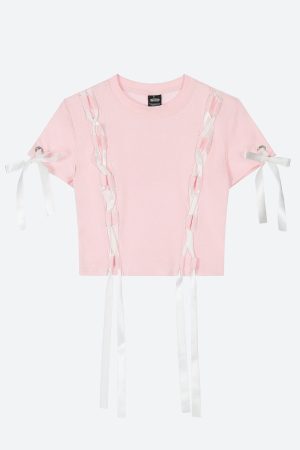 Style Core Aesthetics, New Style Trends - Grunge Coquette Lace Up Crop Top