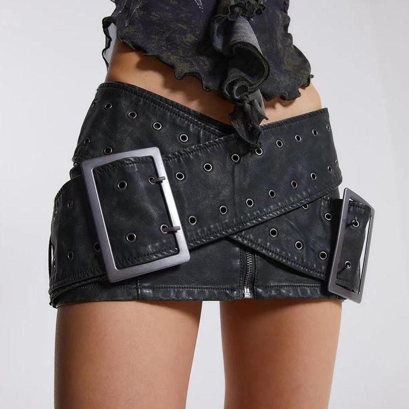 Style Core Aesthetics, New Style Trends - Grunge Cross Belt Faux Leather Mini Skirt