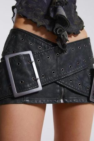 Style Core Aesthetics, New Style Trends - Grunge Cross Belt Faux Leather Mini Skirt
