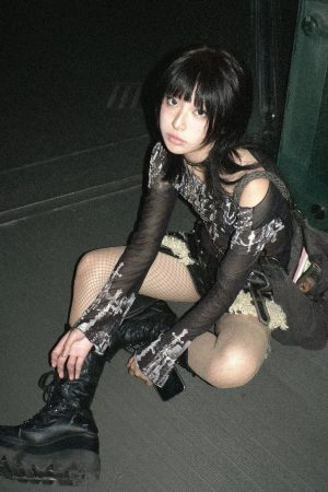 Style Core Aesthetics, New Style Trends - Grunge Cross Wide Neck Mesh Top