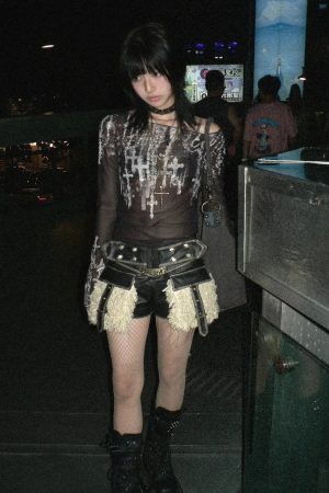 Style Core Aesthetics, New Style Trends - Grunge Cross Wide Neck Mesh Top