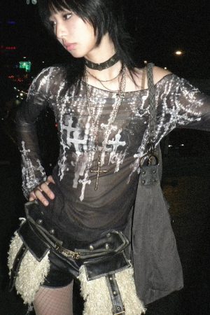 Style Core Aesthetics, New Style Trends - Grunge Cross Wide Neck Mesh Top