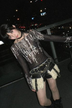 Style Core Aesthetics, New Style Trends - Grunge Cross Wide Neck Mesh Top