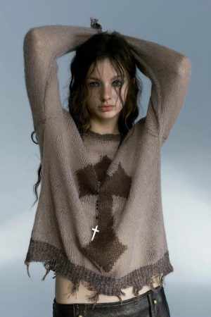 Style Core Aesthetics, New Style Trends - Grunge Distressed Cross Sweater