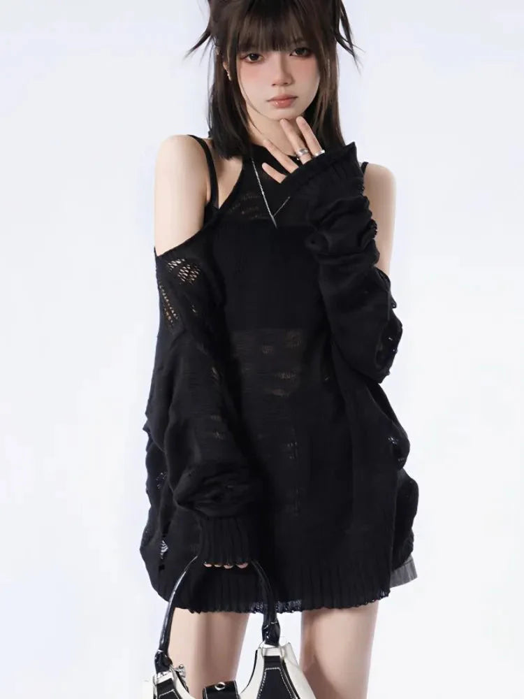 Style Core Aesthetics, New Style Trends - Grunge Distressed Cut-Out Fine Knitted Sweater Style Core Aesthetics, New Style Trends - Grunge Distressed Cut-Out Fine Knitted Sweater
