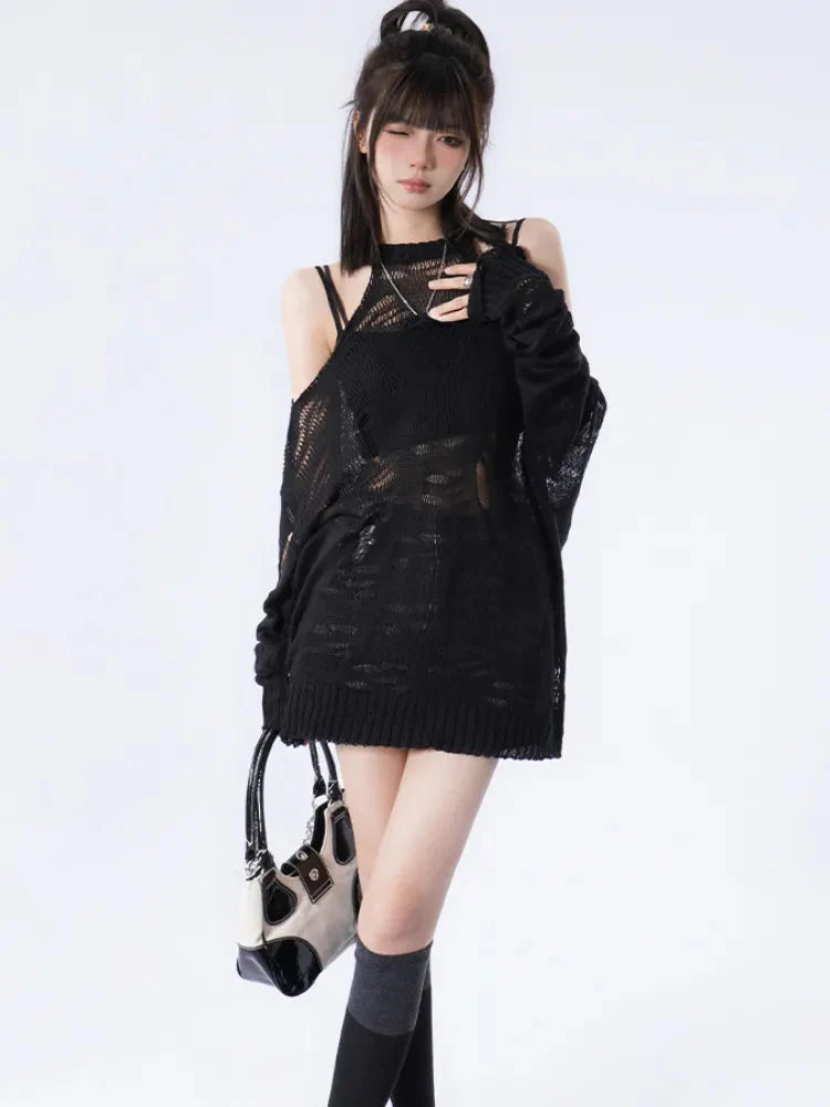 Style Core Aesthetics, New Style Trends - Grunge Distressed Cut-Out Fine Knitted Sweater Style Core Aesthetics, New Style Trends - Grunge Distressed Cut-Out Fine Knitted Sweater
