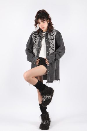 Style Core Aesthetics, New Style Trends - Grunge Distressed Long Denim Jacket