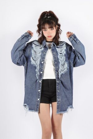 Style Core Aesthetics, New Style Trends - Grunge Distressed Long Denim Jacket