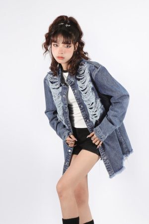 Style Core Aesthetics, New Style Trends - Grunge Distressed Long Denim Jacket