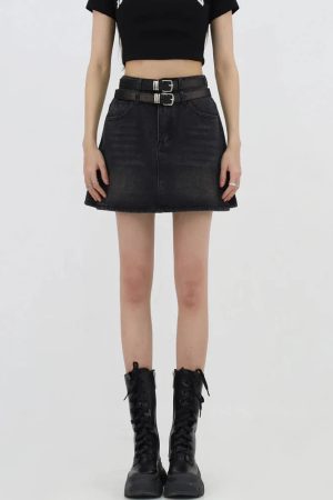 Style Core Aesthetics, New Style Trends - Grunge Double Belt Loop Denim Mini Skirt