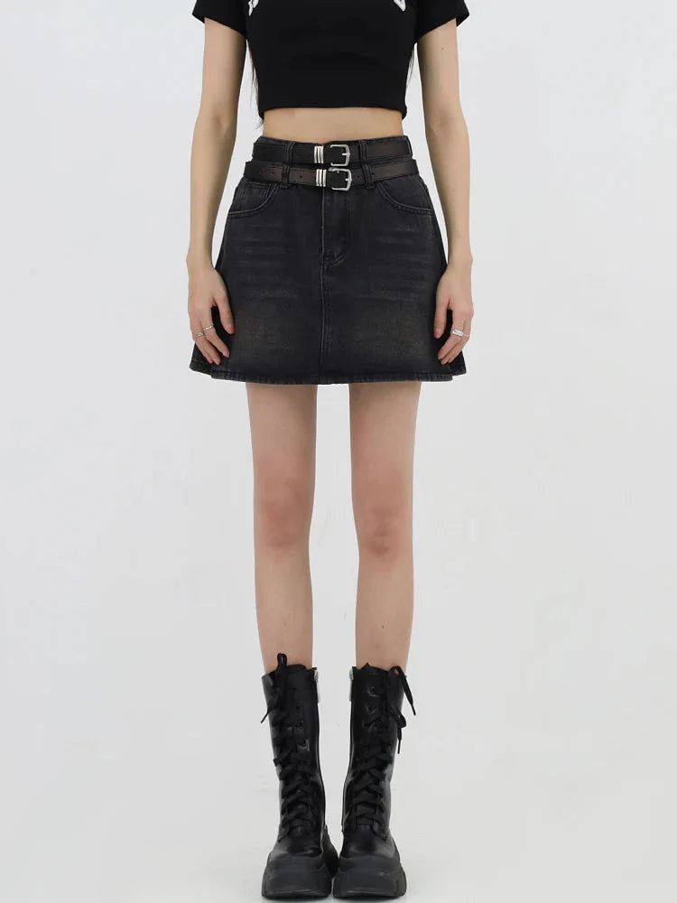 Style Core Aesthetics, New Style Trends - Grunge Double Belt Loop Denim Mini Skirt Style Core Aesthetics, New Style Trends - Grunge Double Belt Loop Denim Mini Skirt