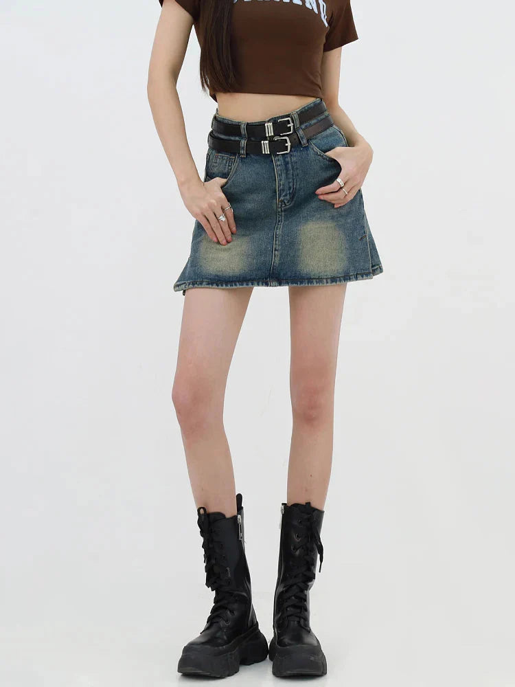 Style Core Aesthetics, New Style Trends - Grunge Double Belt Loop Denim Mini Skirt Style Core Aesthetics, New Style Trends - Grunge Double Belt Loop Denim Mini Skirt