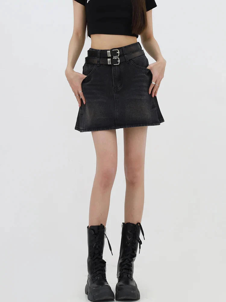 Style Core Aesthetics, New Style Trends - Grunge Double Belt Loop Denim Mini Skirt Style Core Aesthetics, New Style Trends - Grunge Double Belt Loop Denim Mini Skirt