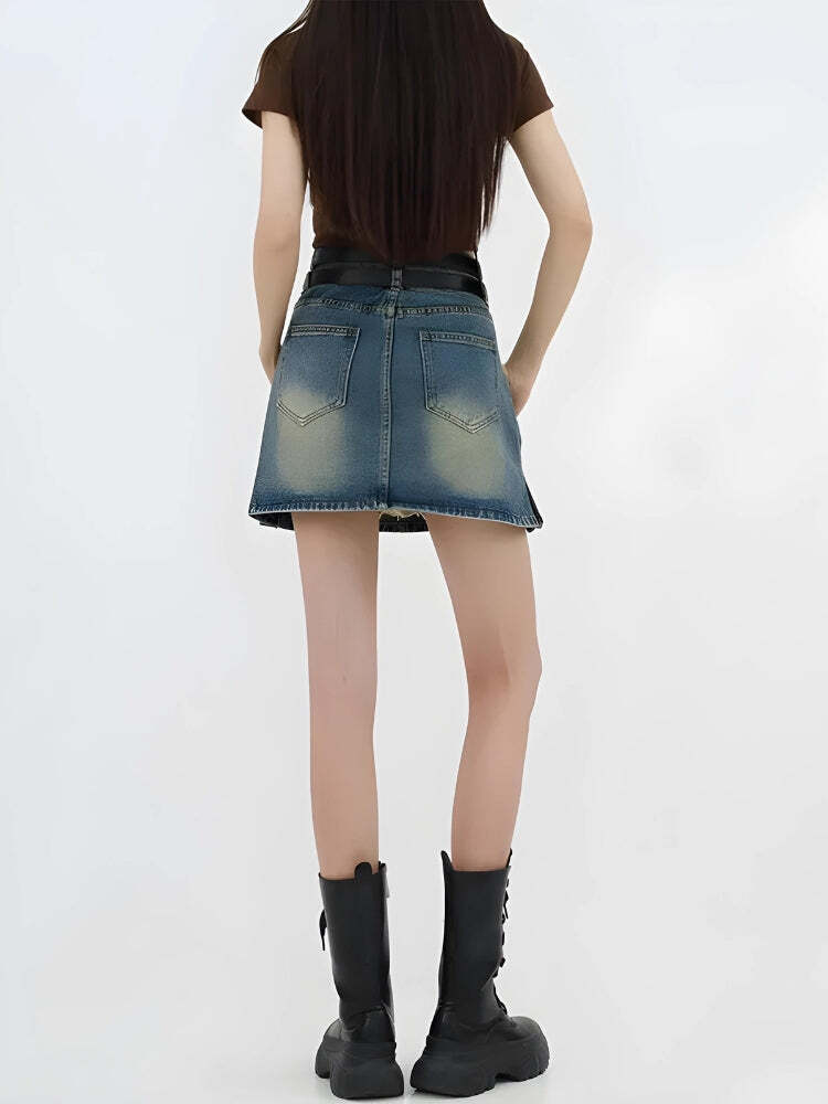 Style Core Aesthetics, New Style Trends - Grunge Double Belt Loop Denim Mini Skirt Style Core Aesthetics, New Style Trends - Grunge Double Belt Loop Denim Mini Skirt