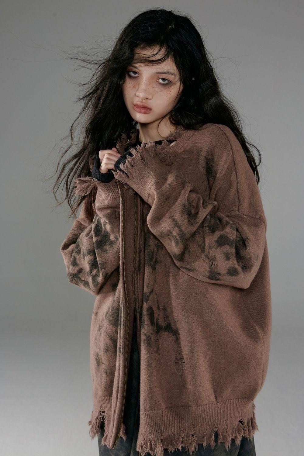 Style Core Aesthetics, New Style Trends - Grunge Extra Distressed Zip-Up Cardigan