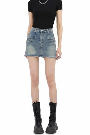 Style Core Aesthetics, New Style Trends - Grunge Fake Pocket Denim Mini Skirt
