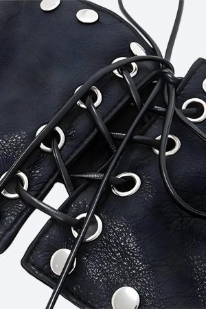 Style Core Aesthetics, New Style Trends - Grunge Faux Leather Lace Up Crop Top