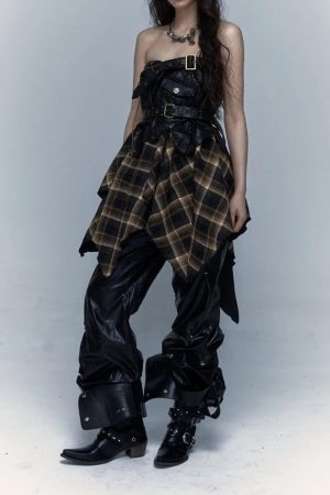 Style Core Aesthetics, New Style Trends - Grunge Faux Leather Plaid Midi Skirt