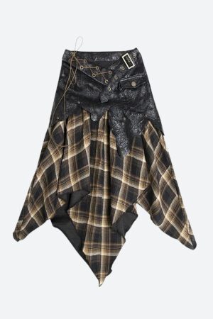 Style Core Aesthetics, New Style Trends - Grunge Faux Leather Plaid Midi Skirt