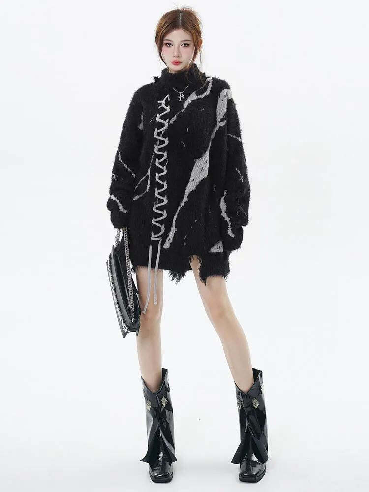 Style Core Aesthetics, New Style Trends - Grunge Fluffy Lace Up Sweater Style Core Aesthetics, New Style Trends - Grunge Fluffy Lace Up Sweater