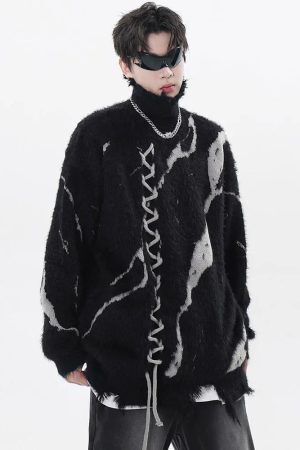 Style Core Aesthetics, New Style Trends - Grunge Fluffy Lace Up Sweater