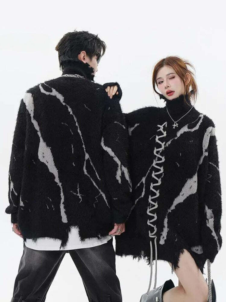 Style Core Aesthetics, New Style Trends - Grunge Fluffy Lace Up Sweater Style Core Aesthetics, New Style Trends - Grunge Fluffy Lace Up Sweater