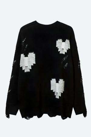 Style Core Aesthetics, New Style Trends - Grunge Pixel Hearts Knitted Sweater