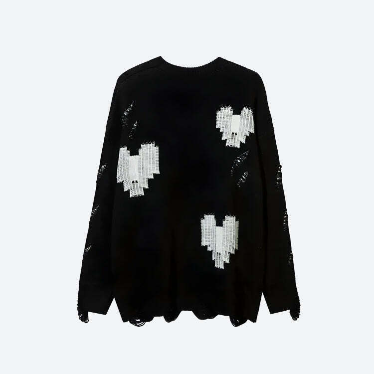 Style Core Aesthetics, New Style Trends - Grunge Pixel Hearts Knitted Sweater