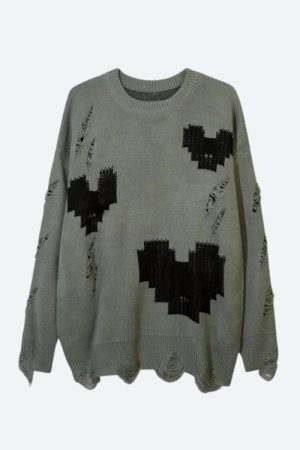 Style Core Aesthetics, New Style Trends - Grunge Pixel Hearts Knitted Sweater