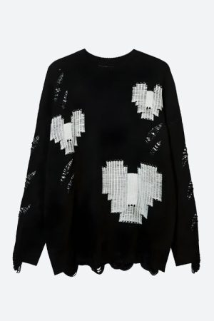 Style Core Aesthetics, New Style Trends - Grunge Pixel Hearts Knitted Sweater