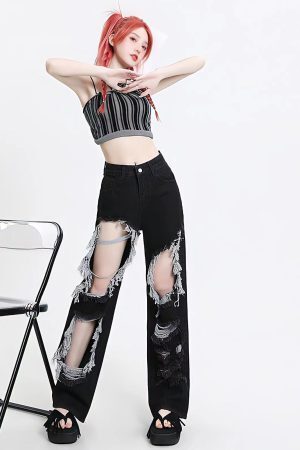 Style Core Aesthetics, New Style Trends - Grunge Ripped Wide Leg Jeans
