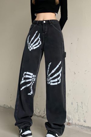 Style Core Aesthetics, New Style Trends - Grunge Skeleton Hand Printed Jeans