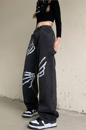 Style Core Aesthetics, New Style Trends - Grunge Skeleton Hand Printed Jeans