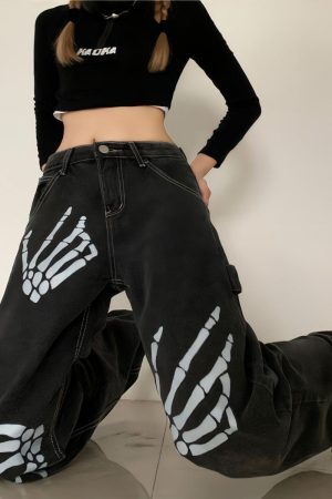 Style Core Aesthetics, New Style Trends - Grunge Skeleton Hand Printed Jeans