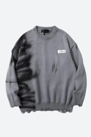 Style Core Aesthetics, New Style Trends - Grunge Spray Paint Distressed Knitted Sweater