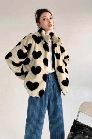 Style Core Aesthetics, New Style Trends - Heart Pattern Teddy Jacket