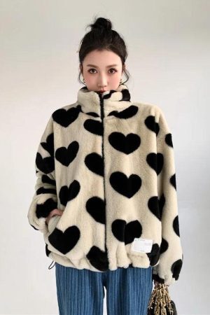 Style Core Aesthetics, New Style Trends - Heart Pattern Teddy Jacket