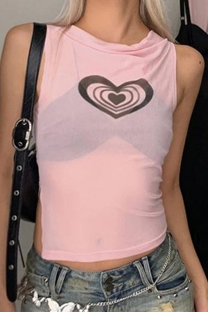Style Core Aesthetics, New Style Trends - Heart Print See Through Tank Top